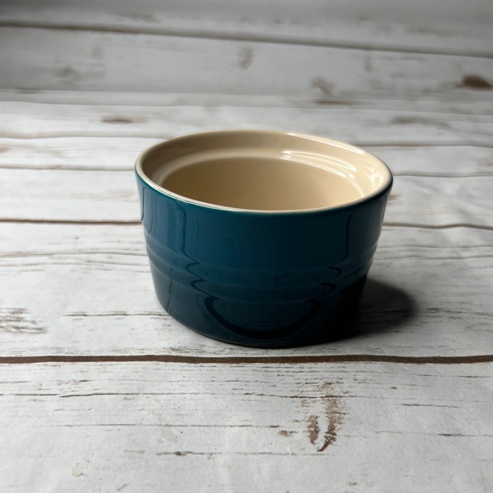 Le Creuset Ramekin Teal Blue Stoneware Round Ribbed 3.75in